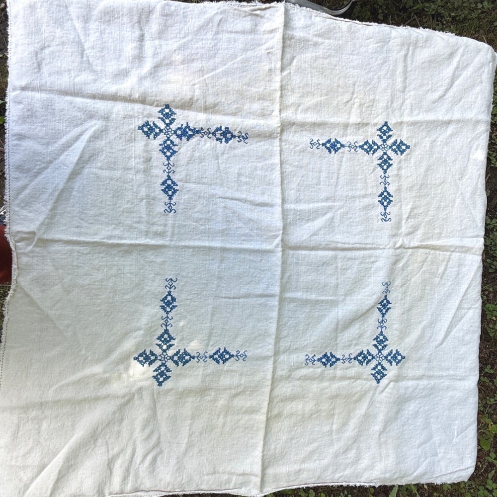 Vintage Hand Embroidered Blue Cross Linen Tablecloth Square White 31x31